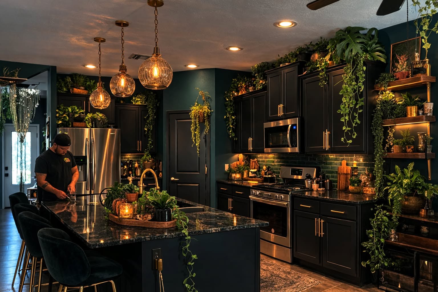 Earthy home decor Dark earthy kitchen design with black cabinets, plants, warm lighting, and natural decor