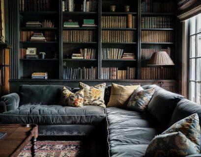 Dark academia living room with vintage bookshelves, leather sofa, and moody classic decor