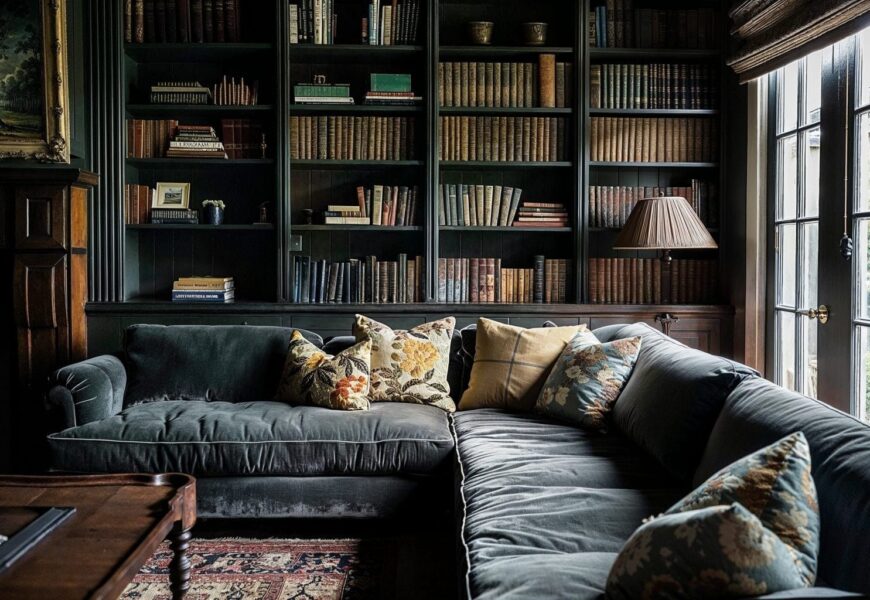 Dark academia living room with vintage bookshelves, leather sofa, and moody classic decor