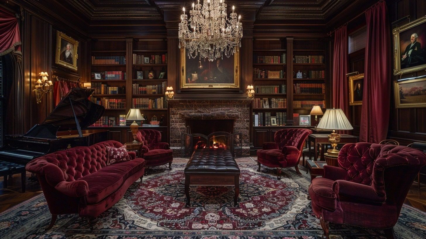 Dark academia sitting room with burgundy chairs, antique furniture, and elegant vintage decor