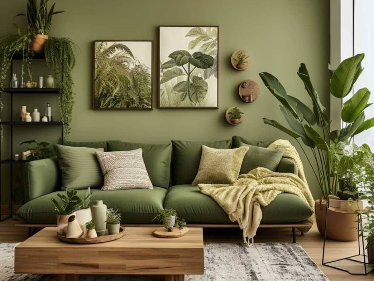 Green earthy living room with plants, botanical artwork, wood furniture, and cozy decor