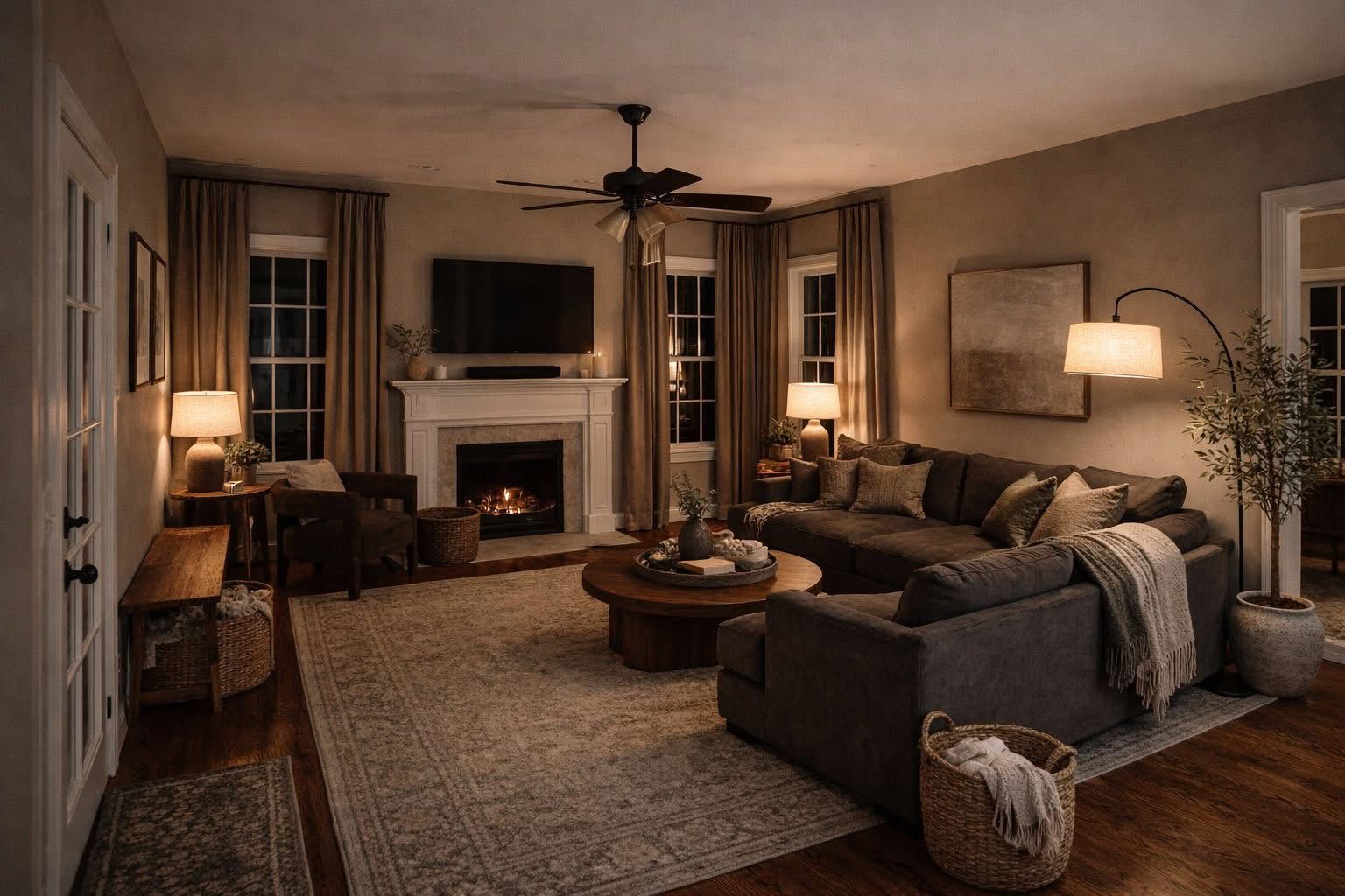 Warm moody living room with fireplace, dim lighting, and comfortable seating arrangement