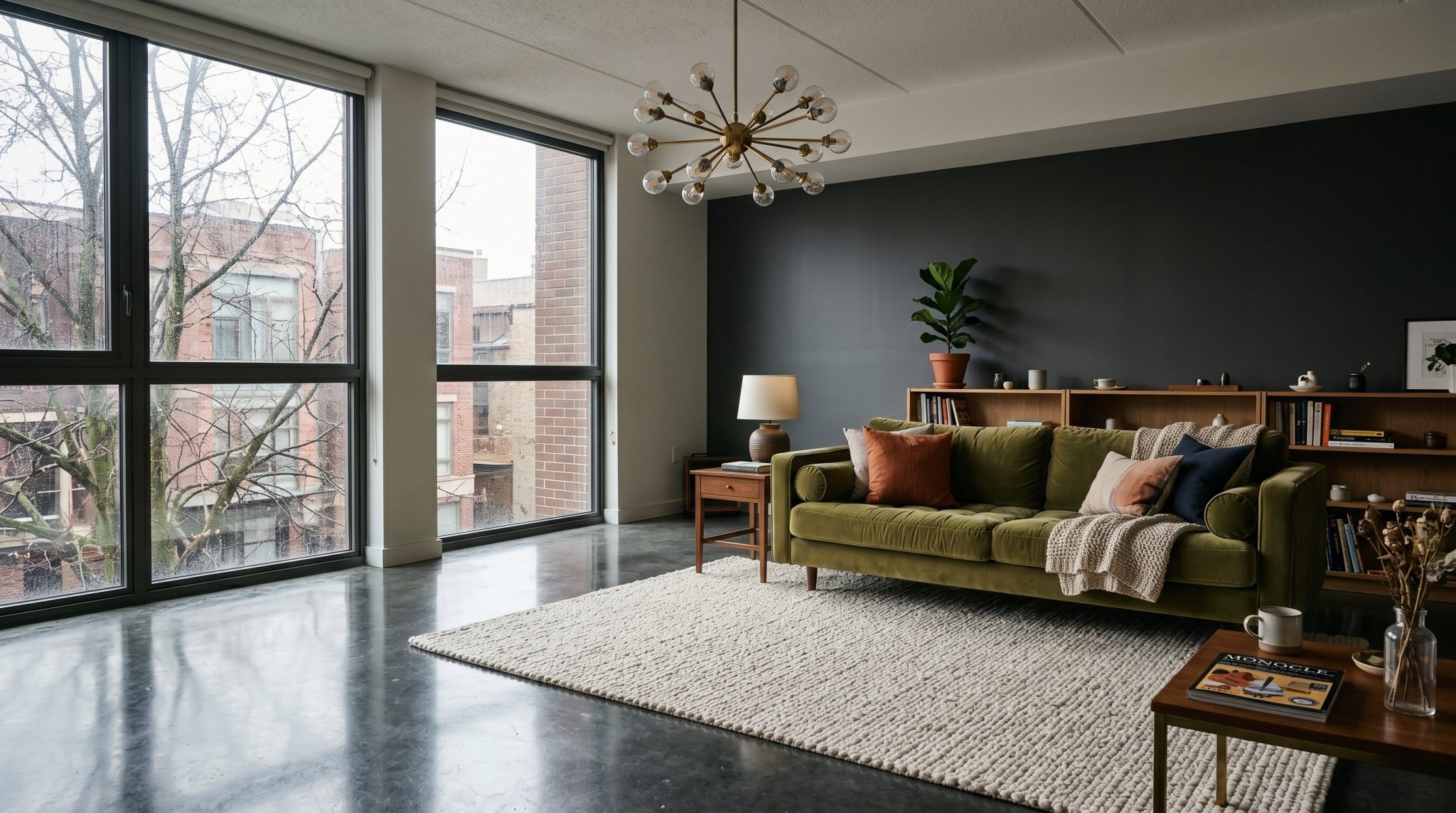 Modern moody living room with dark walls, large windows, and minimalist cozy decor