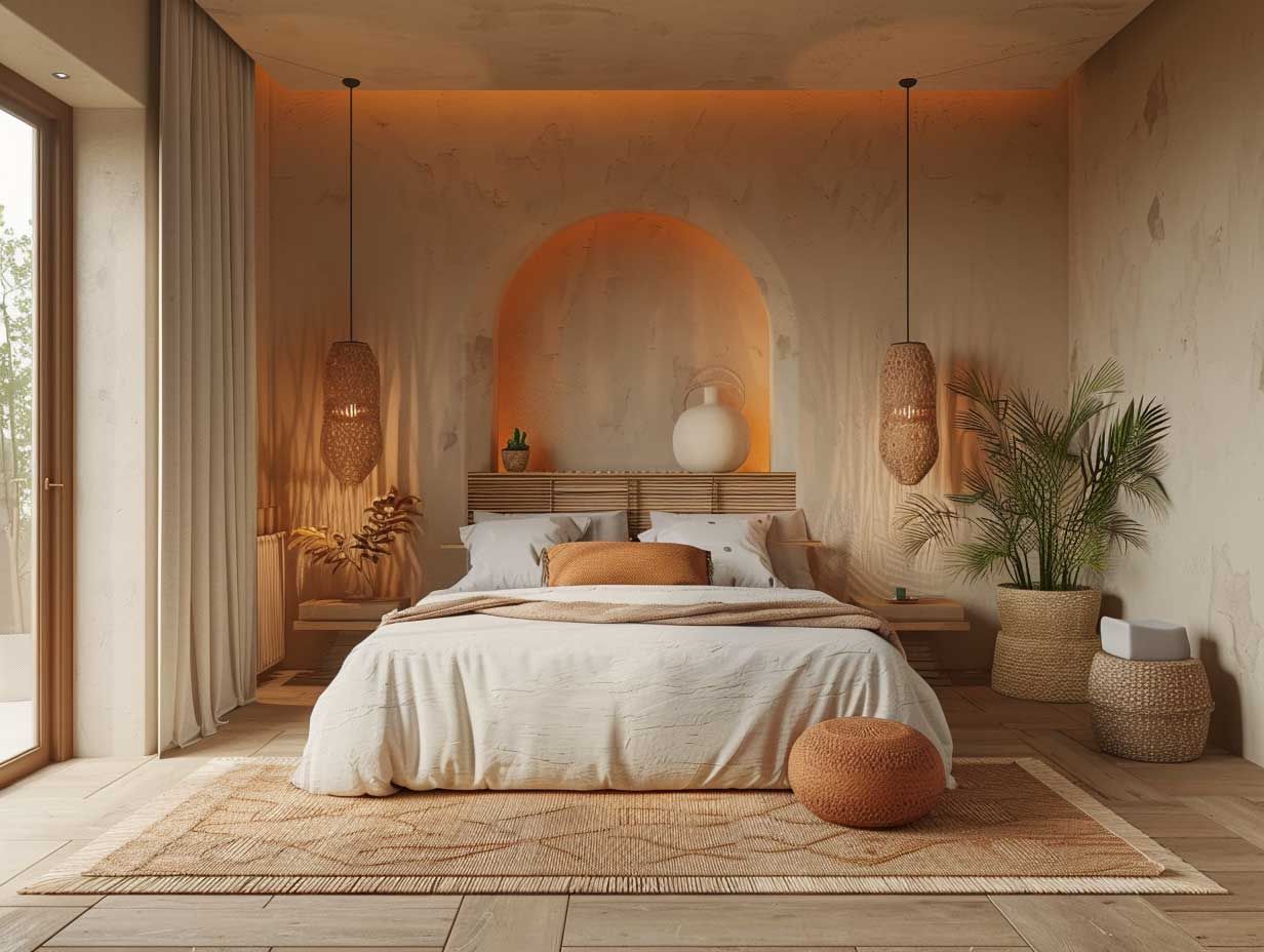 Earthy bedroom decor with warm neutral colors, wooden accents, plants, and minimalist styling