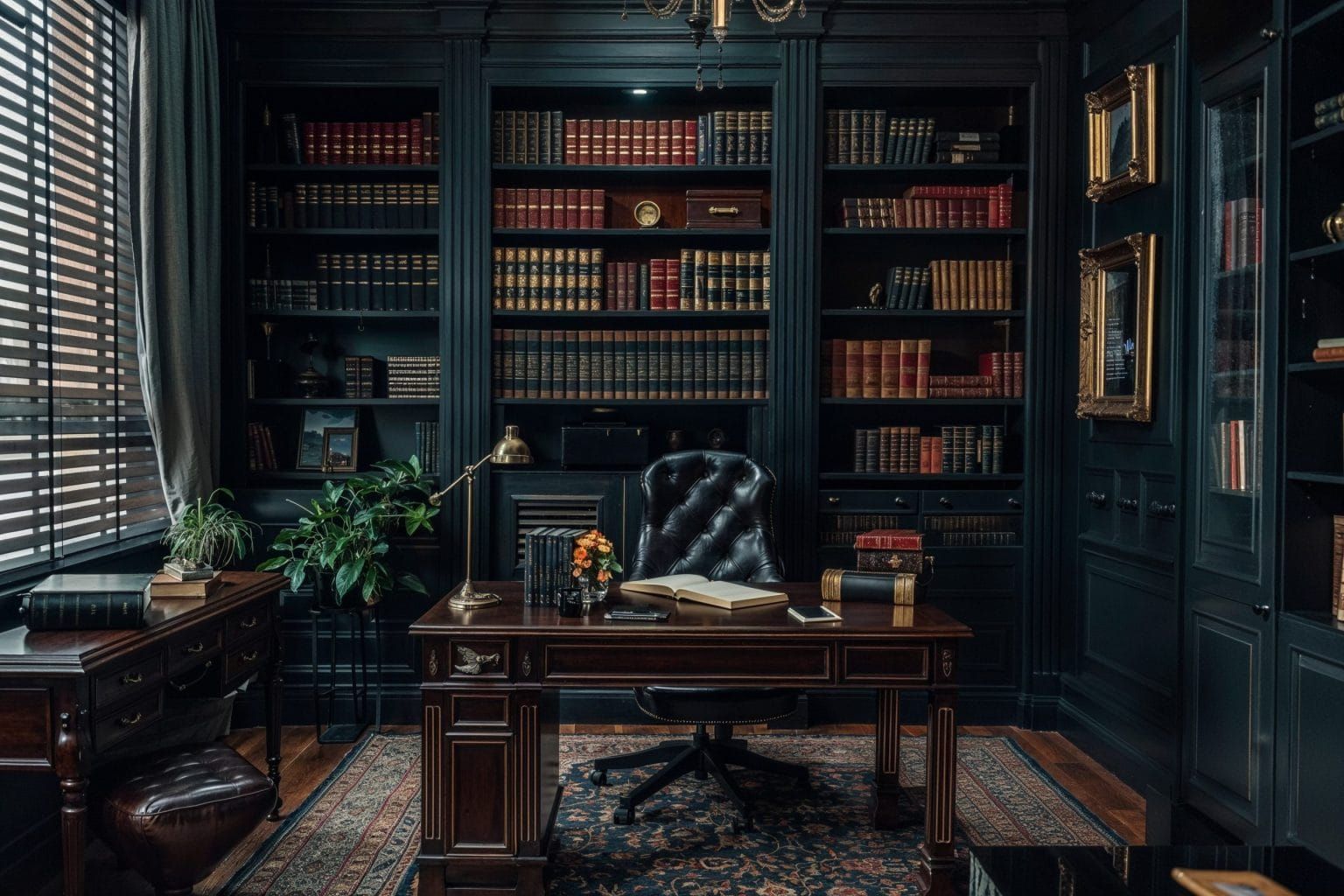 Dark academia study room with wooden desk, bookshelves, and cozy vintage office decor