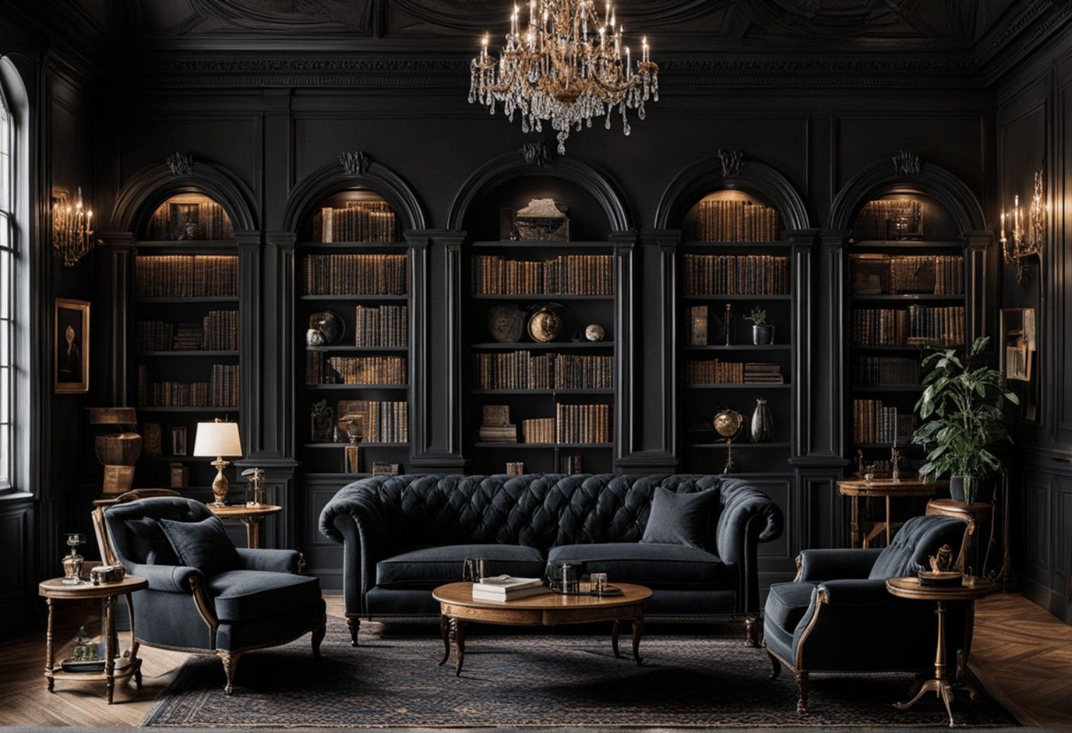 Dark academia library lounge with arched bookshelves, leather chairs, and gothic interior style