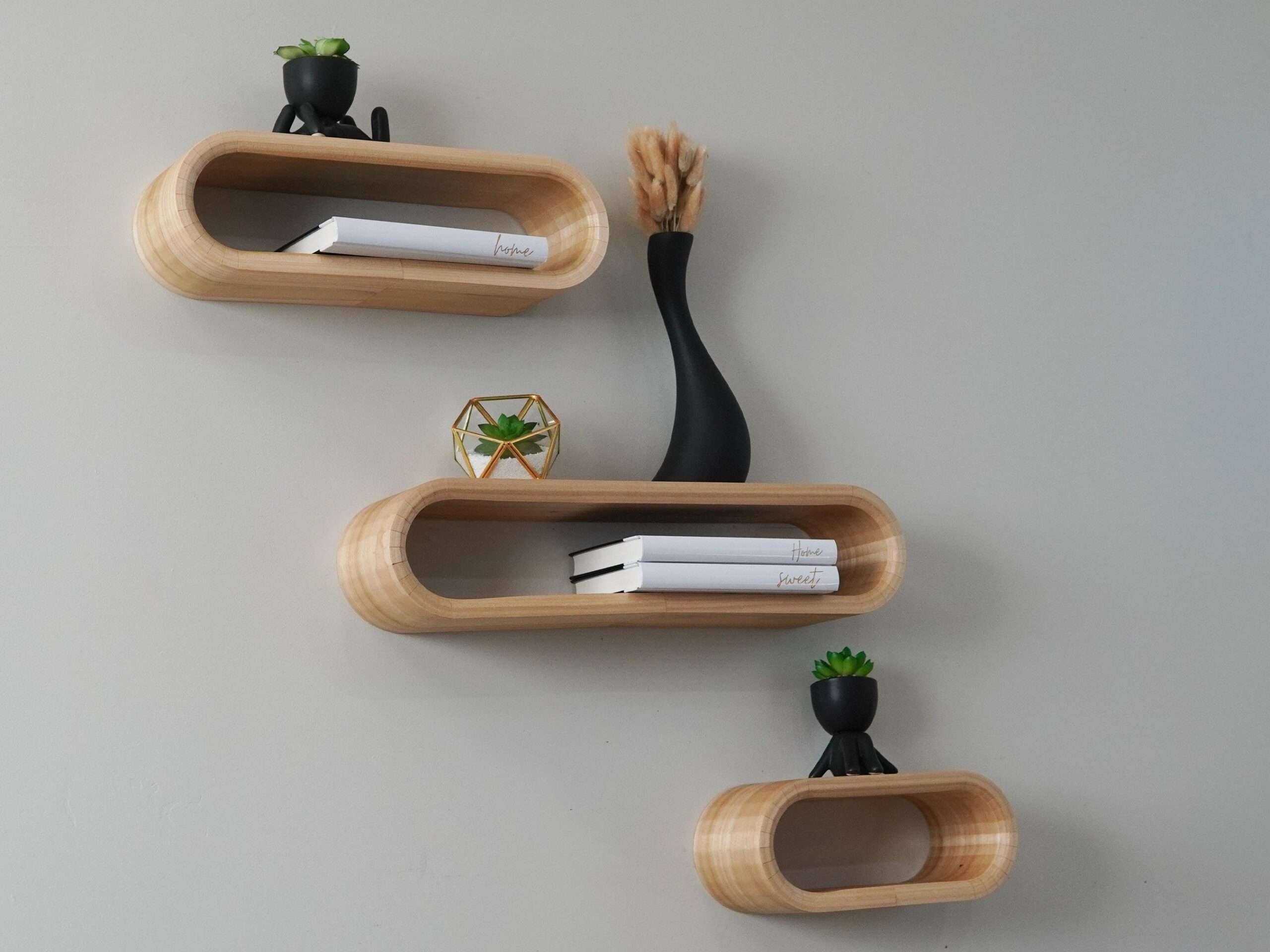 Small floating shelves with minimalist decor and plants on a blank wall