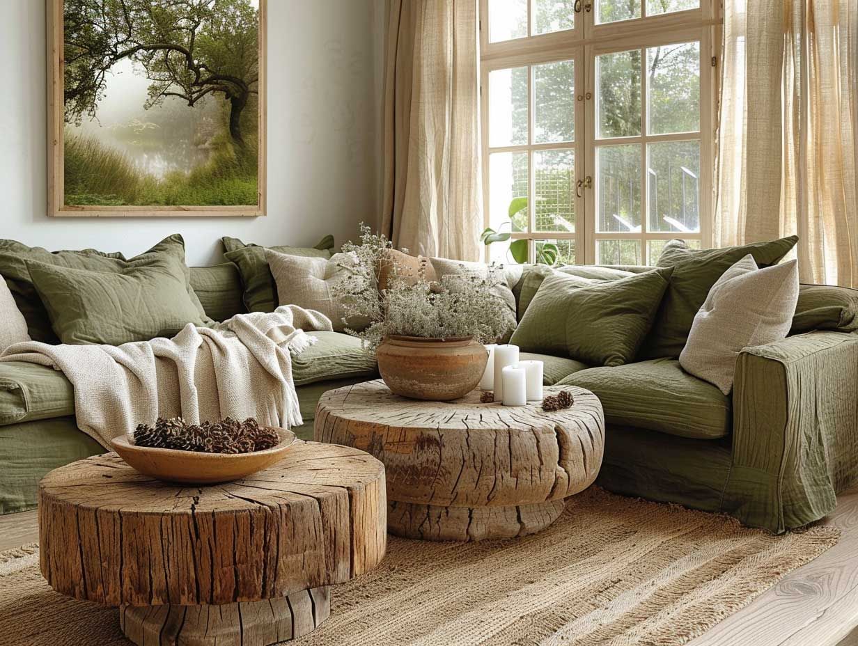 Boho earthy living room with olive sofa, woven furniture, plants, and rustic natural decor