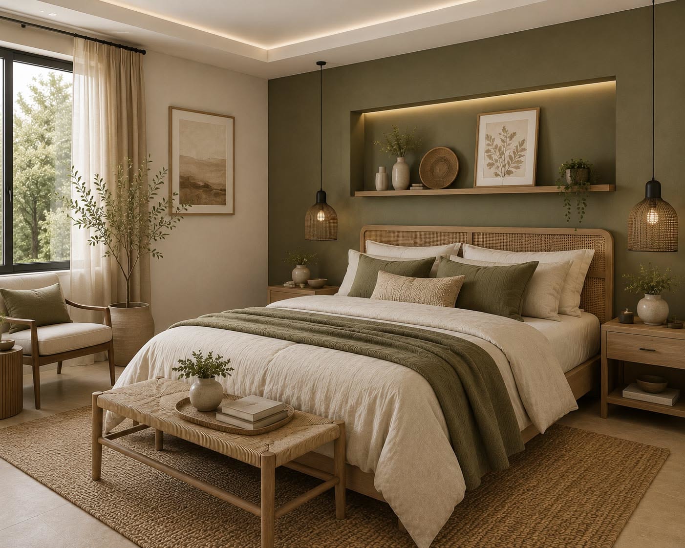 Modern earthy bedroom with green accent wall, wooden furniture, and neutral bedding